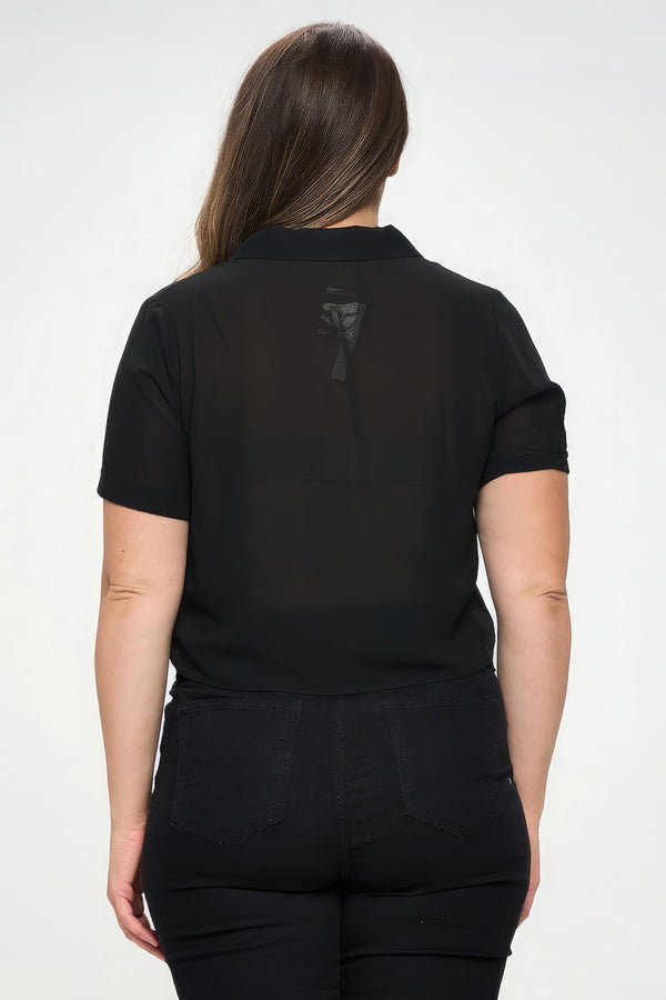 Plus Solid Chiffon Button Down Tie Front Short Sleeve Top-Teresa's Fashionista LLC