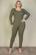 Plus Size Ribbed Scoop Neck Long Sleeve Jumpsuit-Teresa's Fashionista LLC
