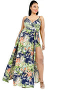 Plus Tropical Leaf Print Surplice Maxi Dress-Teresa's Fashionista LLC