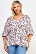 Floral V-neck Babydoll Balloon Slv Top-Teresa's Fashionista LLC