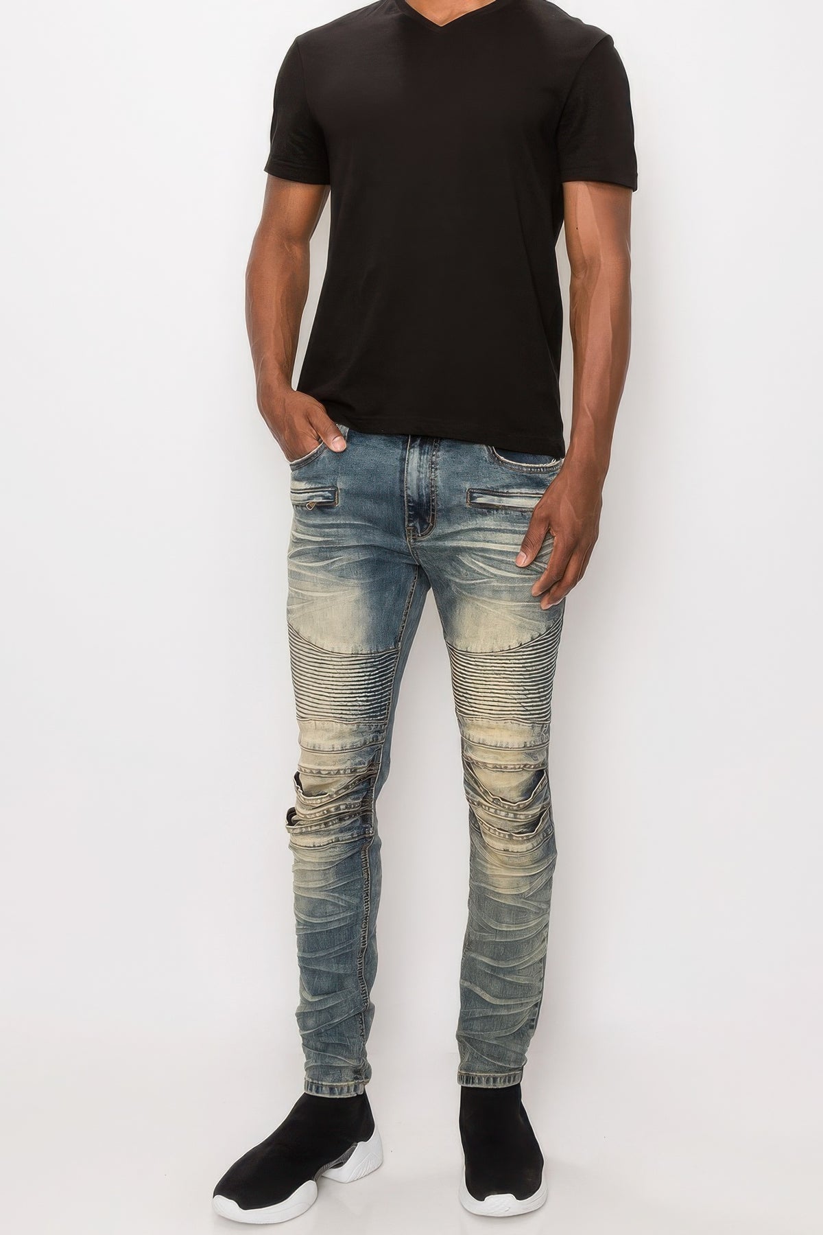 Men Creased Biker Denim Jeans-Teresa&#39;s Fashionista LLC