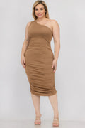 Plus Size Sexy Solid Color Ruched One Shoulder Midi Bodycon Dress-Teresa's Fashionista LLC