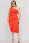 Plus Size Sexy Solid Color Ruched One Shoulder Midi Bodycon Dress-Teresa's Fashionista LLC