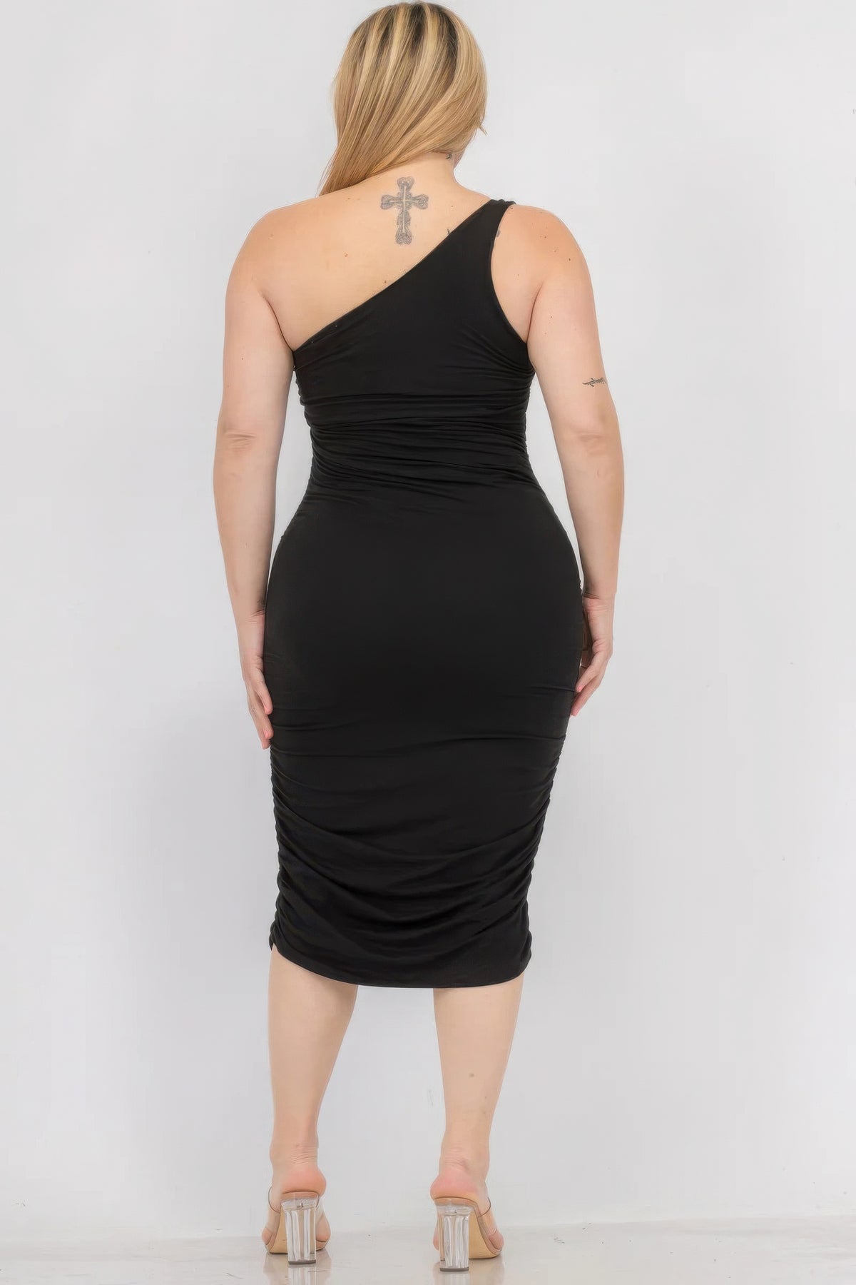 Plus Size Sexy Solid Color Ruched One Shoulder Midi Bodycon Dress-Teresa&#39;s Fashionista LLC