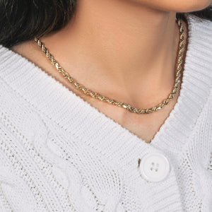 14k yellow gold solid diamond cut rope chain necklace 5mm width worn with white sweater