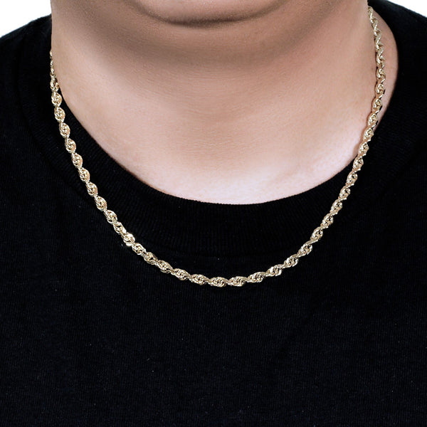 14k yellow gold solid diamond cut rope chain 5mm width worn on neck
