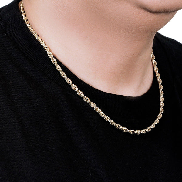 14k yellow gold solid diamond cut rope chain 5mm worn on neck