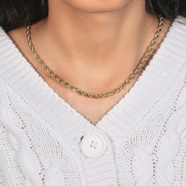 14k yellow gold solid diamond cut rope chain 5mm worn with white knit sweater