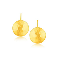 14k Yellow Gold Hammered Texture Disc Drop Earrings Medium