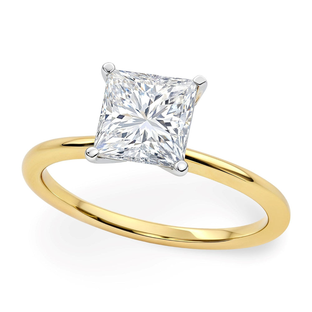 1 1/2 carat princess-cut lab-grown diamond solitaire ring in 14K yellow gold.