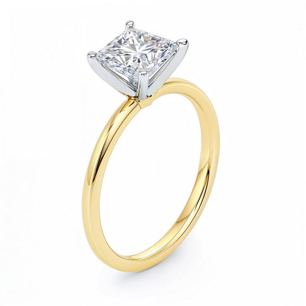 1 1/2 carat princess lab grown diamond ring in 14K yellow gold.