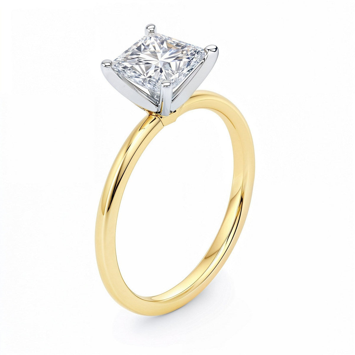 1 1/2 carat princess lab grown diamond ring in 14K yellow gold.