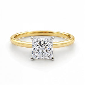 1 1/2 carat princess-cut lab-grown diamond solitaire ring in 14K yellow gold.