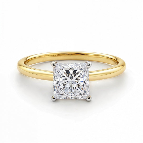 1 1/2 carat princess-cut lab-grown diamond solitaire ring in 14K yellow gold.