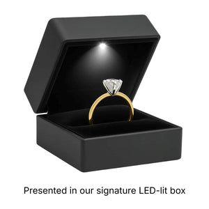 1 1/2 carat princess-cut lab grown diamond solitaire ring in 14K yellow gold, displayed in LED-lit box.
