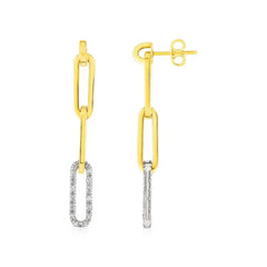 14k Yellow Gold Paperclip Chain Dangle Earrings with Diamonds