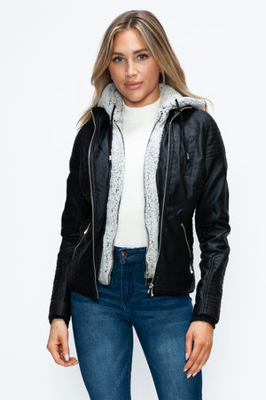 YMI Faux Layered Double-Zipper Jacket with Fuzzy Hood - Teresa's Fashionista LLC