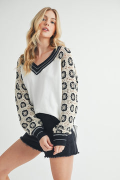 Aemi+Co Crochet Contrast Stitching V Neck Top - Teresa's Fashionista LLC