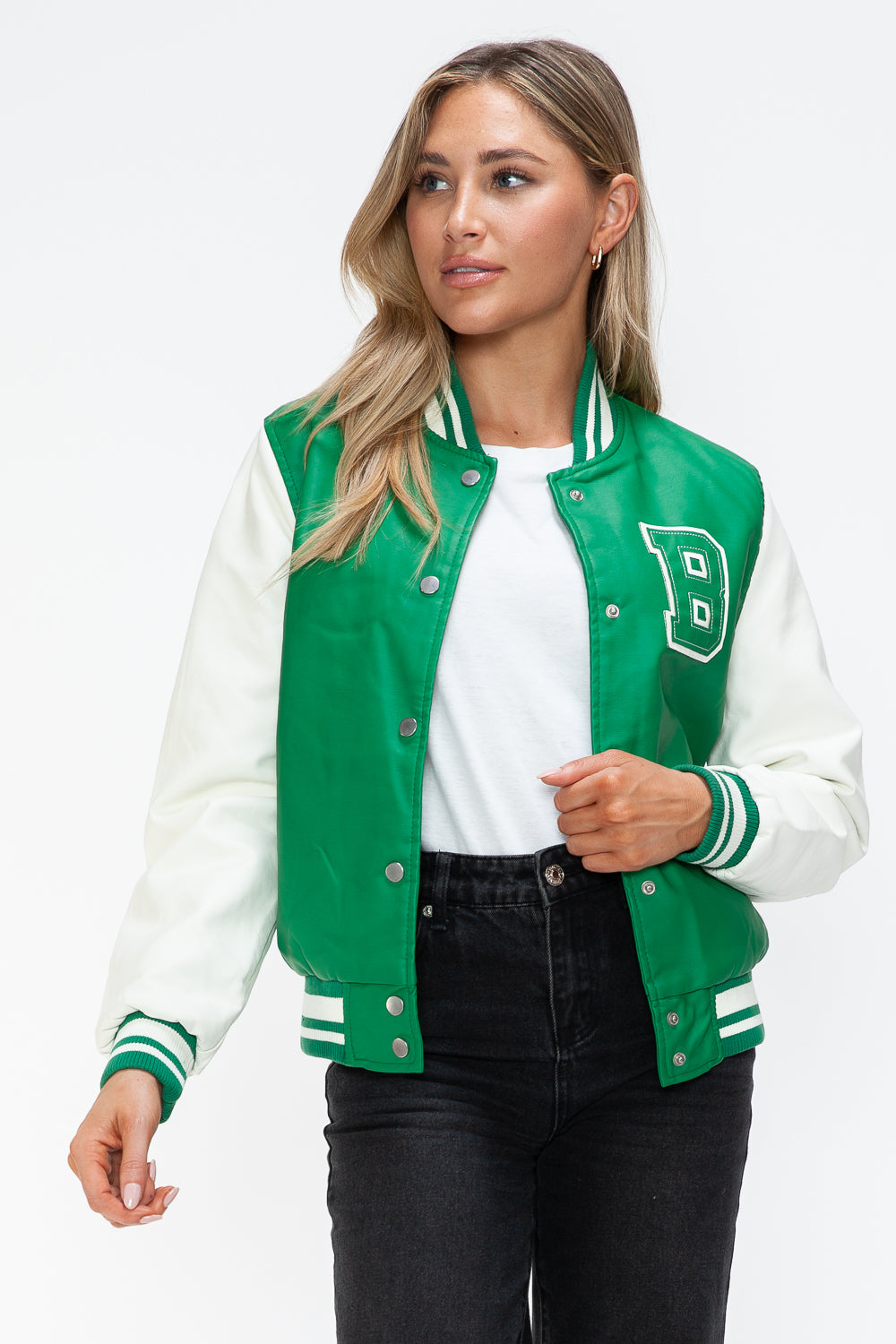 Love Me Now PU Leather Contrast Snap Down Bomber Jacket - Teresa's Fashionista LLC