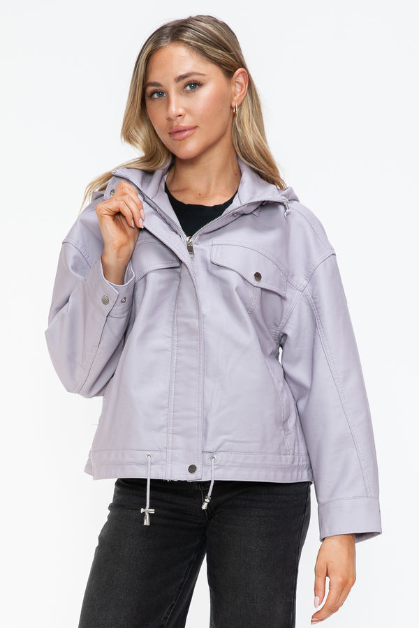 How Dare U Drawstring Hem PU Leather Zip Up Jacket - Teresa's Fashionista LLC