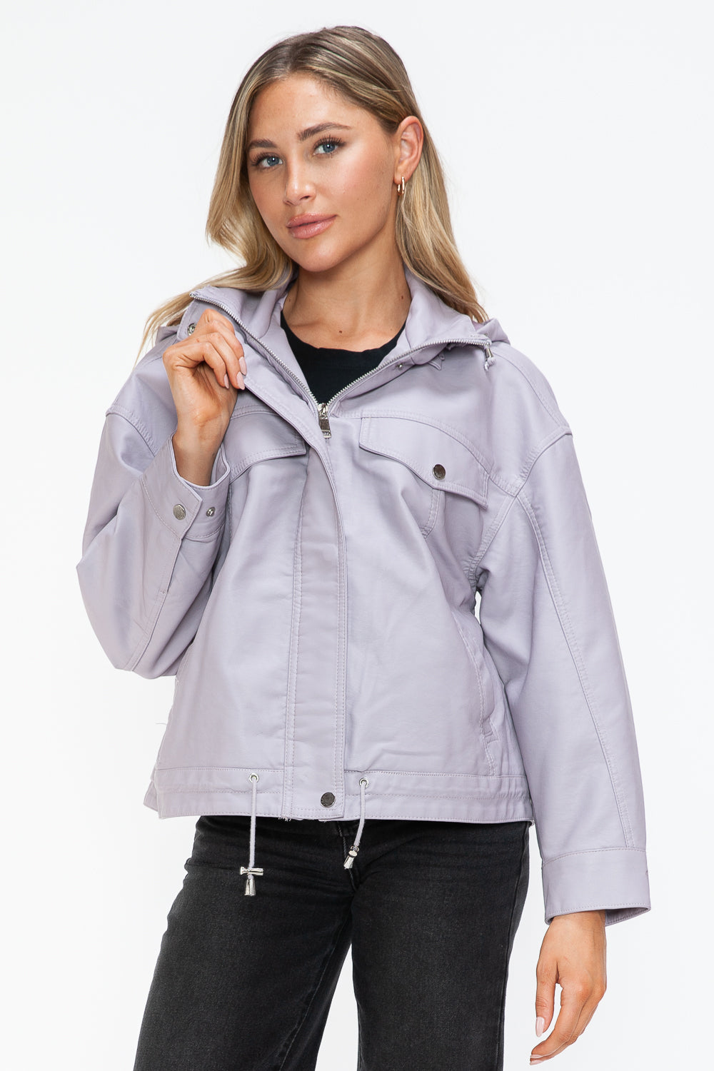 How Dare U Drawstring Hem PU Leather Zip Up Jacket - Teresa's Fashionista LLC
