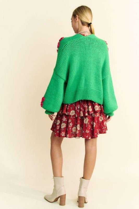 Davi & Dani Floral Applique Open Front Drop Shoulder Cardigan - Teresa's Fashionista LLC