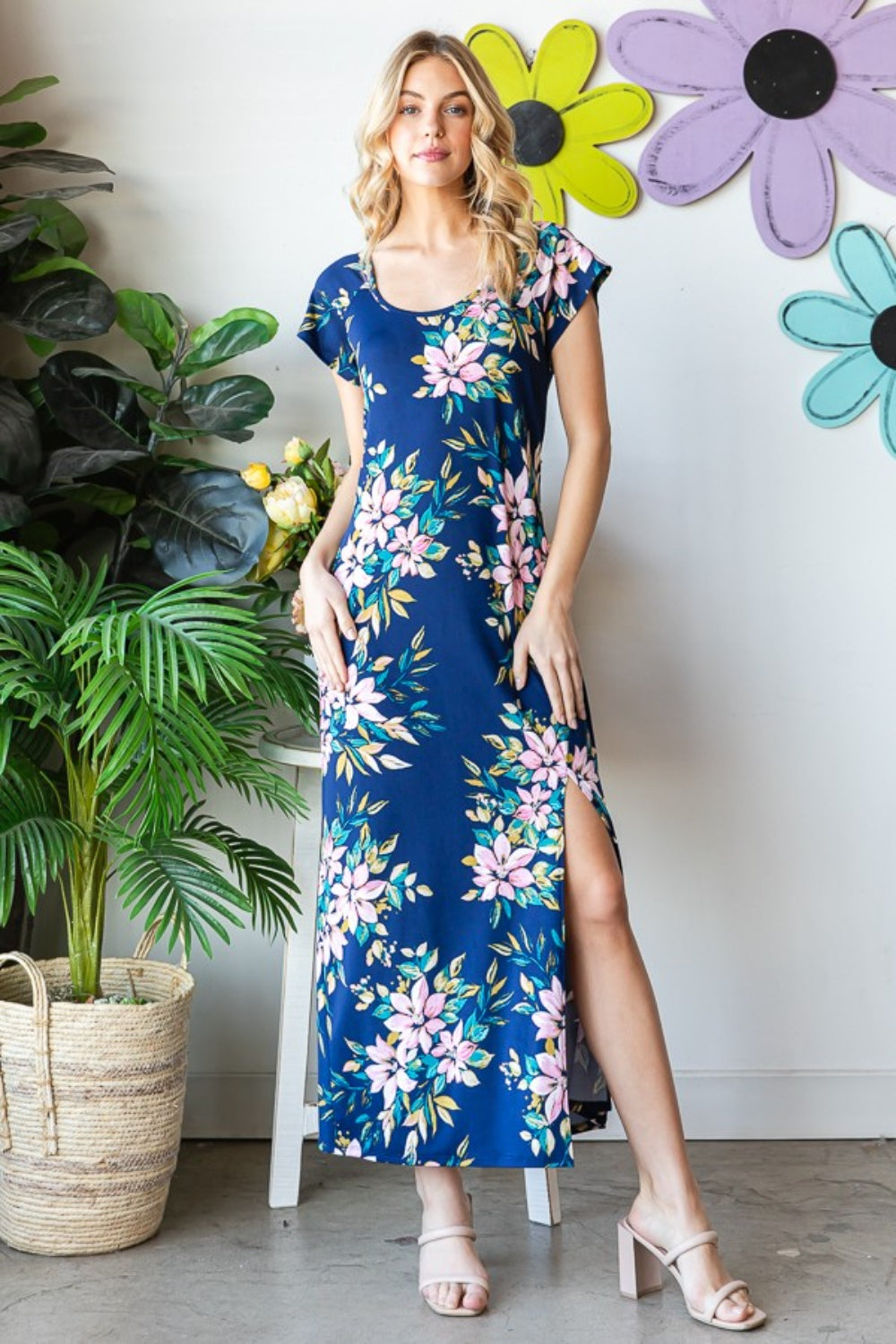 Heimish Full Size Floral Short Sleeve Slit Dress-Teresa's Fashionista LLC
