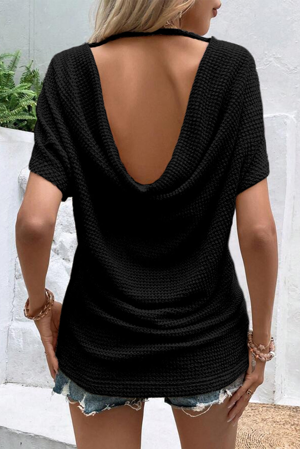 Backless Round Neck Short Sleeve T-Shirt-Teresa&#39;s Fashionista LLC