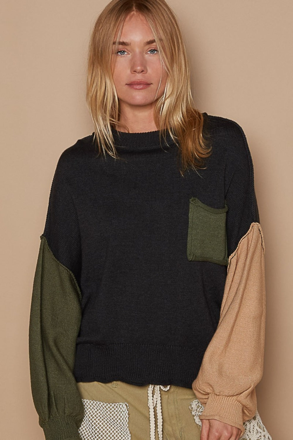 POL Color Block Roll Hem Hacci Sweater - Teresa's Fashionista LLC