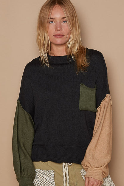 POL Color Block Roll Hem Hacci Sweater - Teresa's Fashionista LLC