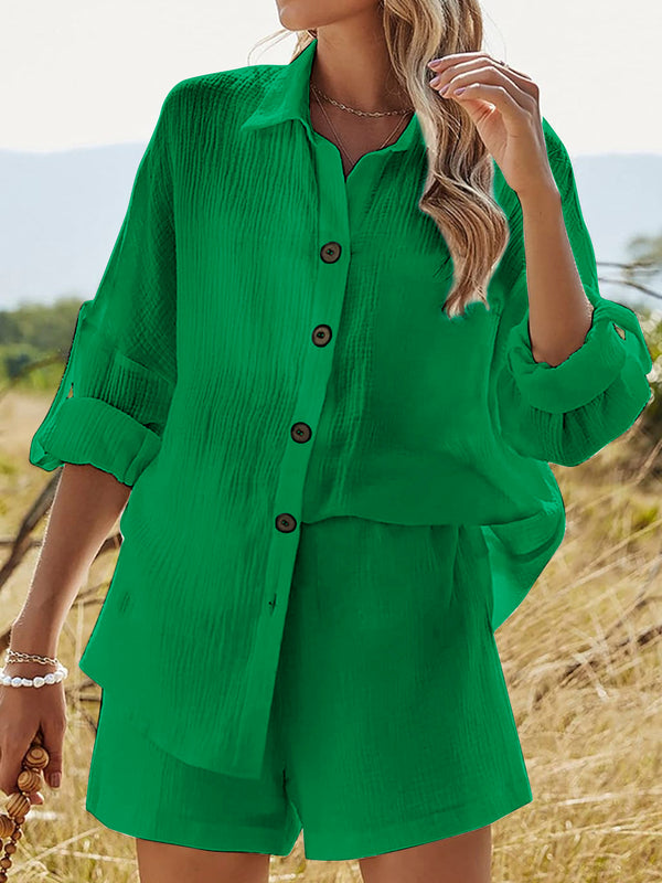 Texture Button Up Shirt and Shorts Set-Teresa's Fashionista LLC