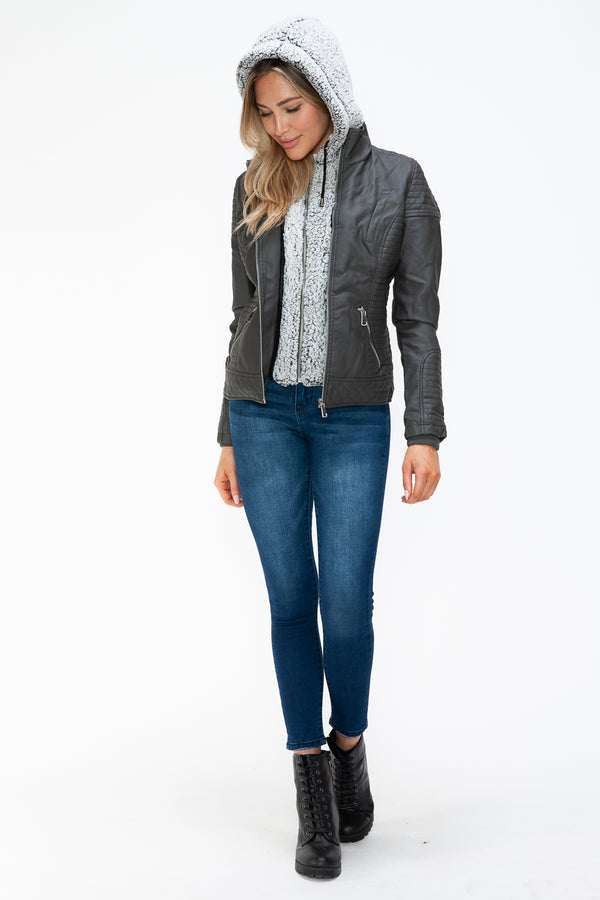 YMI Faux Layered Double-Zipper Jacket with Fuzzy Hood - Teresa's Fashionista LLC