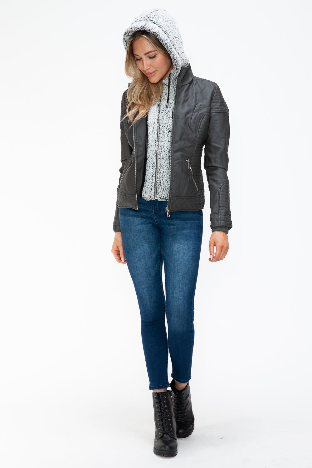 YMI Faux Layered Double-Zipper Jacket with Fuzzy Hood - Teresa's Fashionista LLC