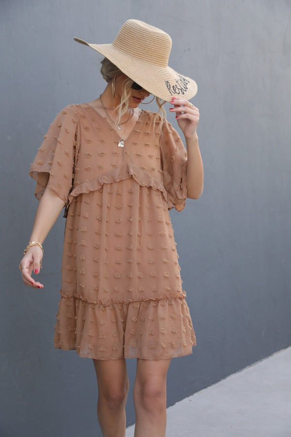 Swiss Dot V-Neck Flutter Sleeve Mini Dress-Teresa's Fashionista LLC