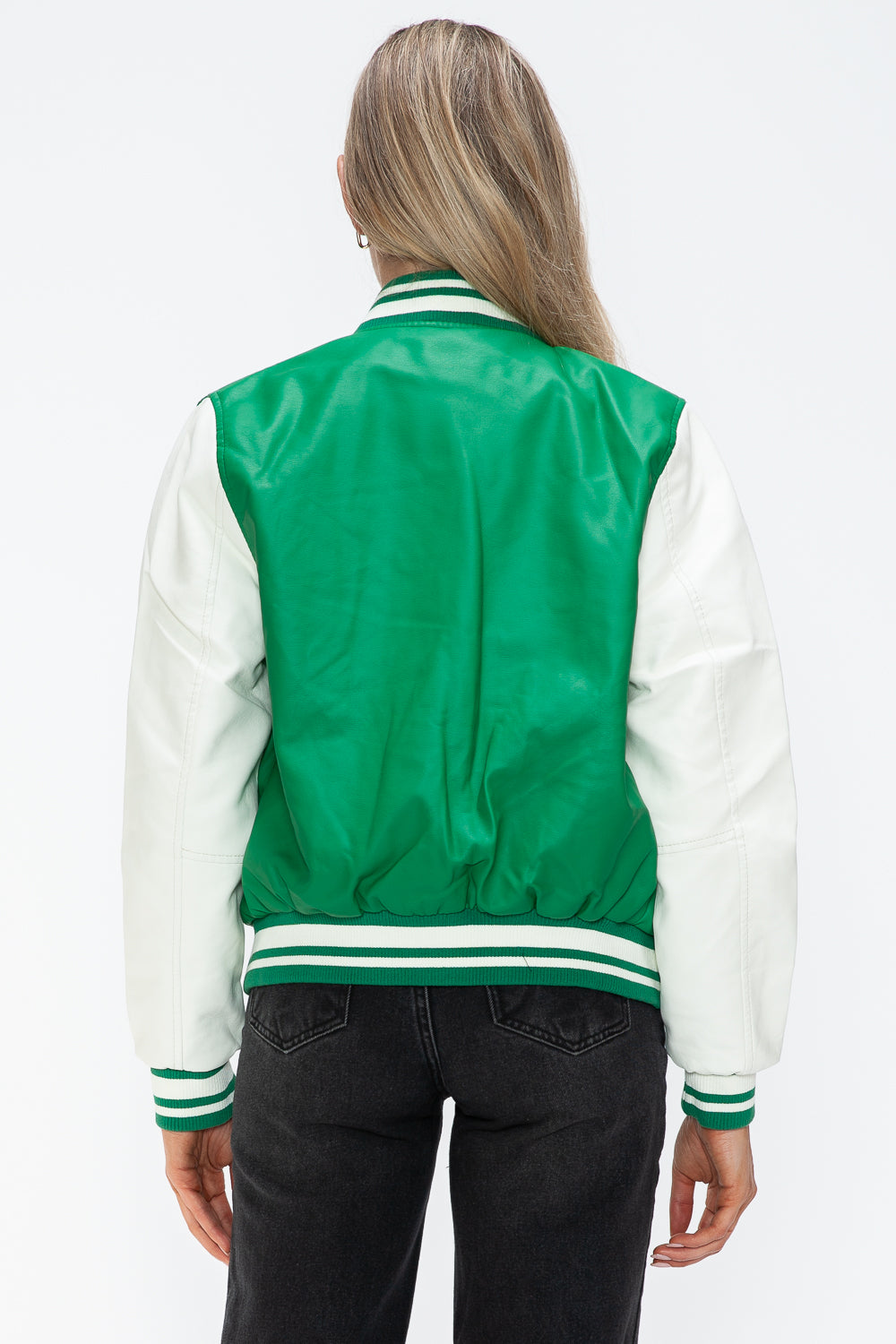 Love Me Now PU Leather Contrast Snap Down Bomber Jacket - Teresa's Fashionista LLC