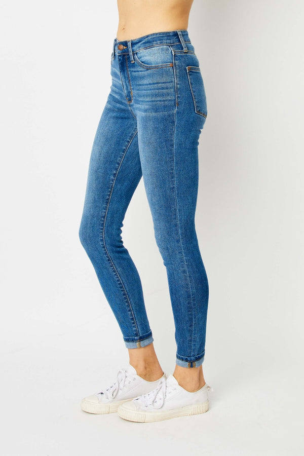Judy Blue Full Size cuffed hem skinny jeans with a slim fit and trendy design.