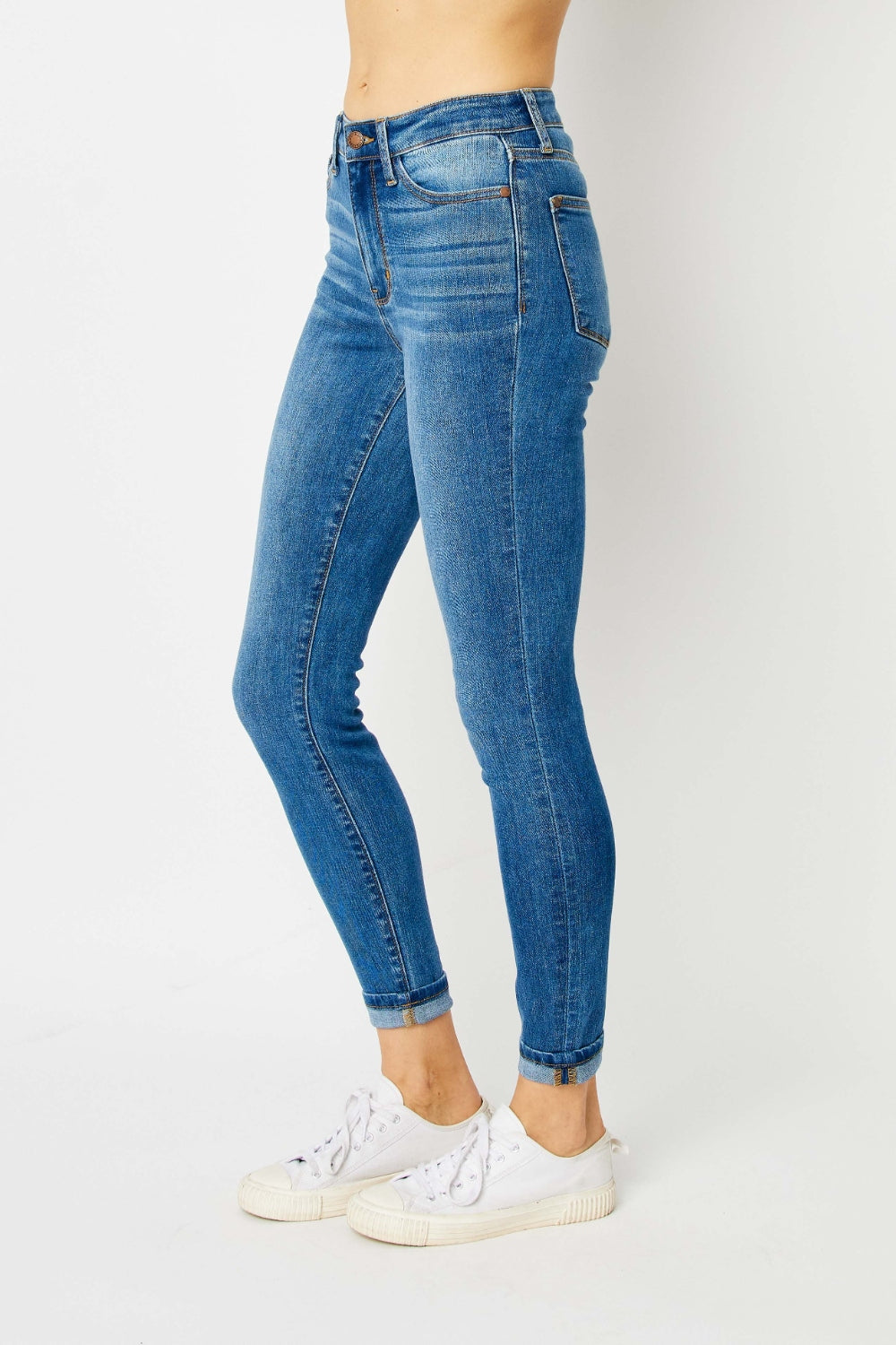 Judy Blue Full Size cuffed hem skinny jeans with a slim fit and trendy design.