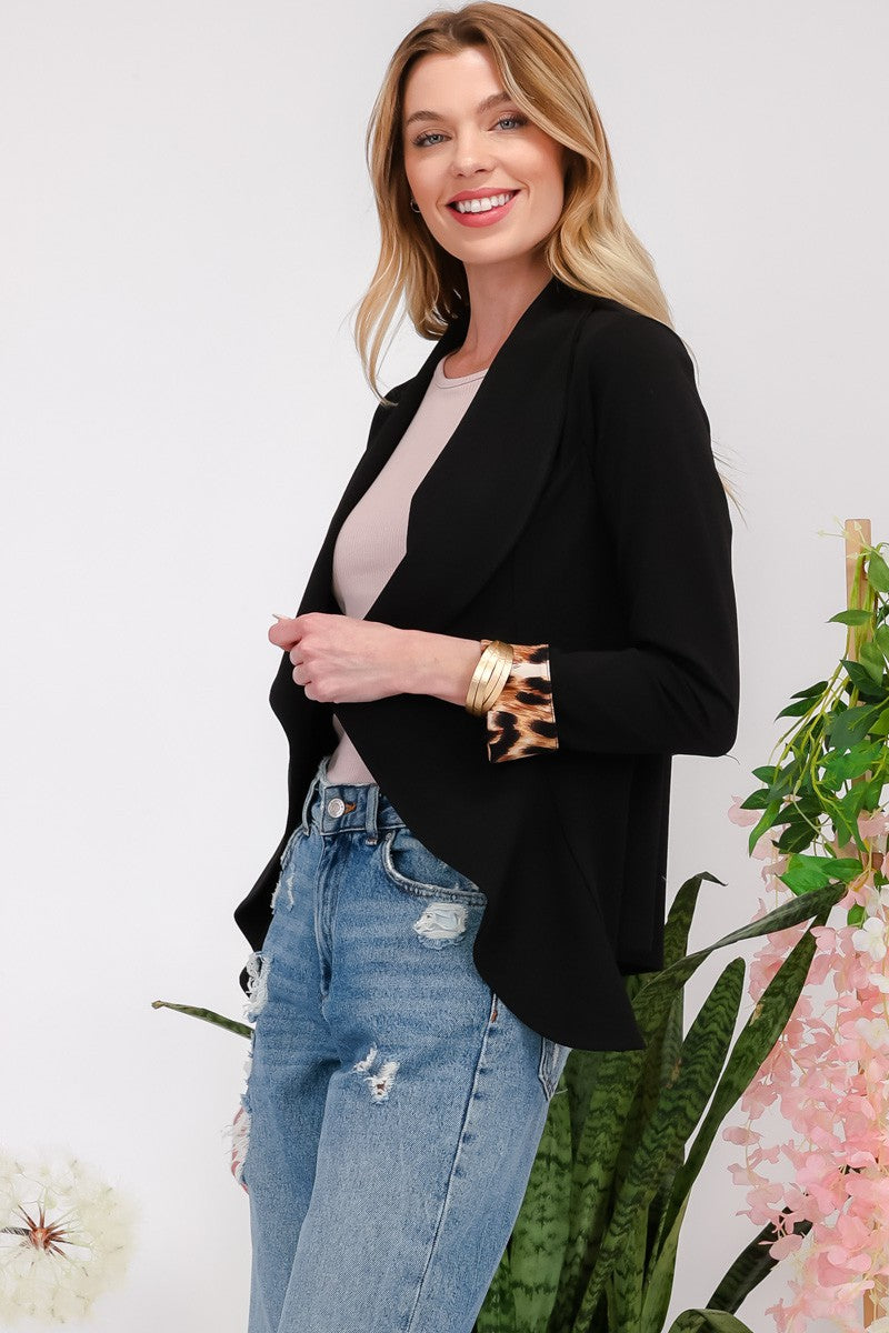 Celeste Full Size Rolled Leopard Cuff Open Front Blazer - Teresa's Fashionista LLC
