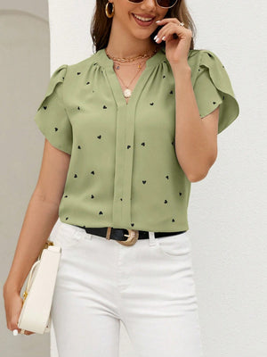 Heart Print Notched Petal Sleeve Blouse-Teresa's Fashionista LLC