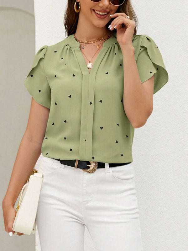 Heart Print Notched Petal Sleeve Blouse-Teresa's Fashionista LLC