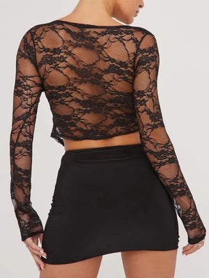 Tied Plunge Long Sleeve Lace Cropped Shirt - Teresa's Fashionista LLC