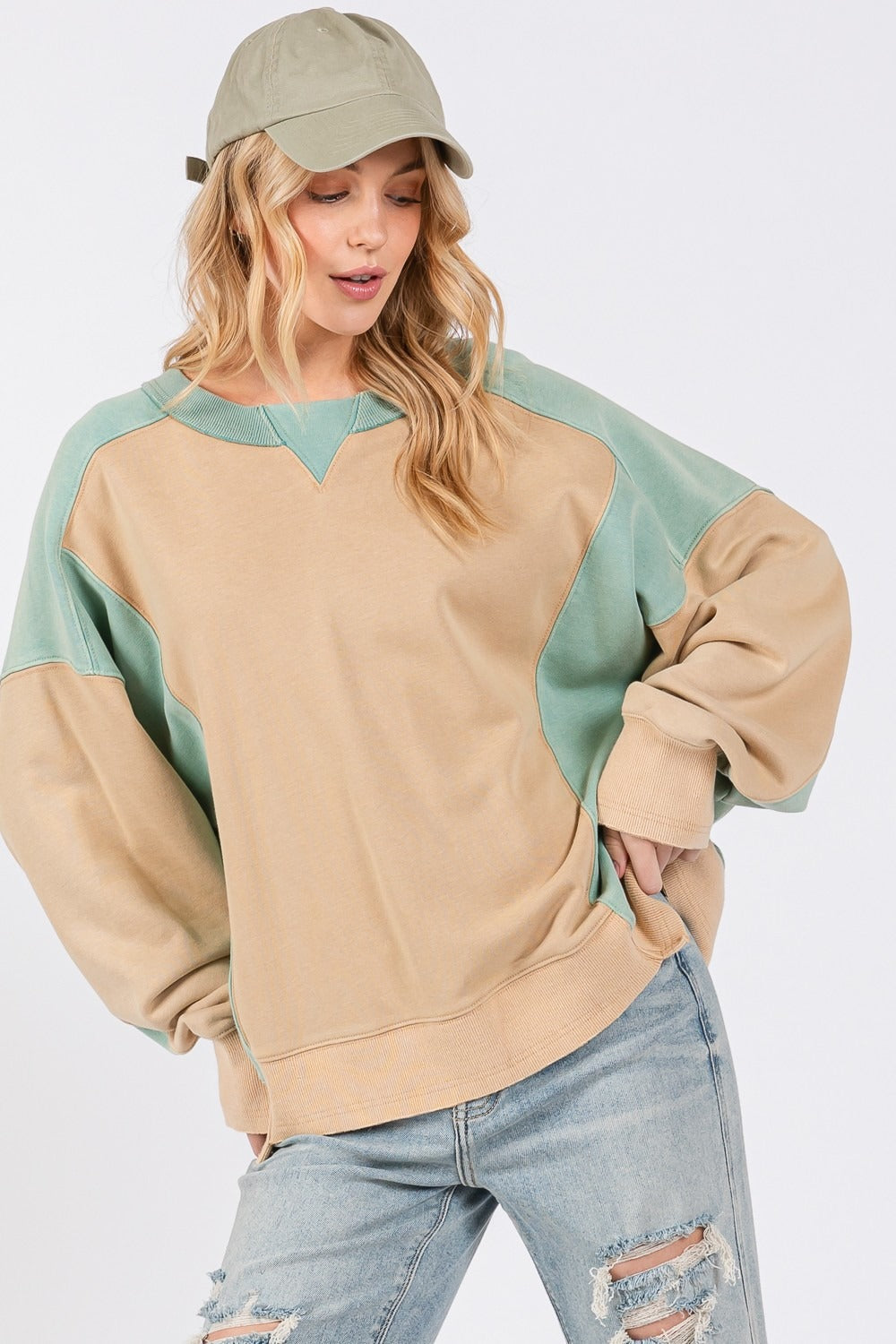 SAGE + FIG Color Block Round Neck Sweatshirt - Teresa's Fashionista LLC