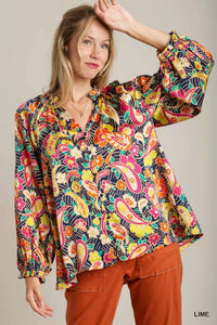 Umgee Full Size Satin Paisley Ruffle Neck Button-Up Shirt Plus Size