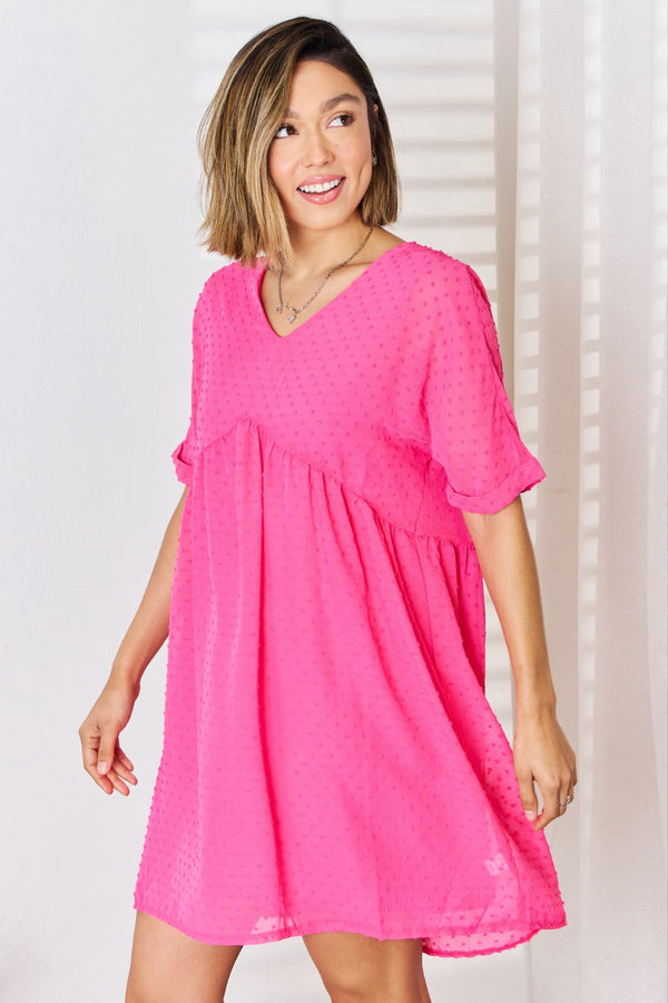 Zenana Swiss Dot Rolled Short Sleeve Babydoll Dress-Teresa's Fashionista LLC