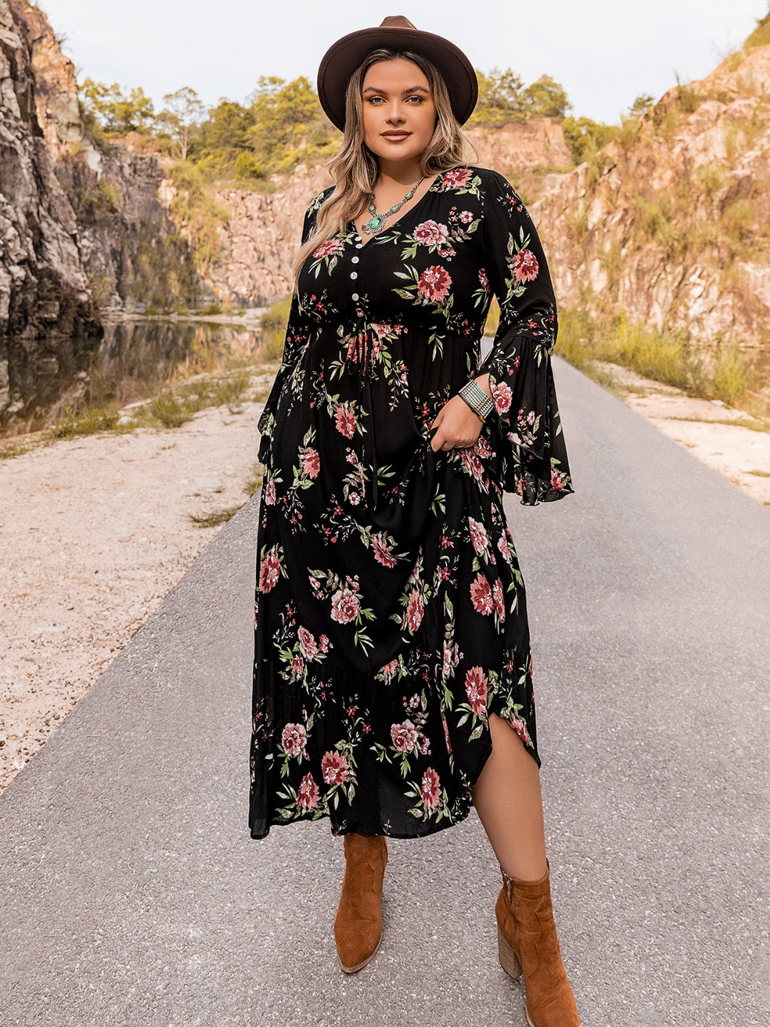 Plus Size Floral Flare Sleeve Dress-Teresa&#39;s Fashionista LLC