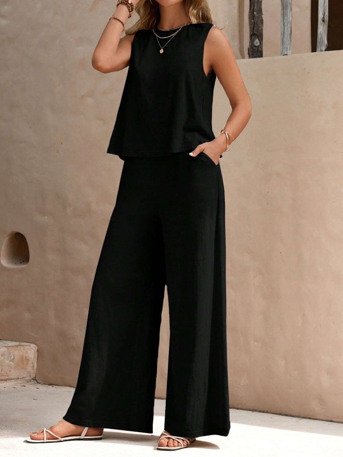 Round Neck Sleeveless Top and Wide Leg Pants Set-Teresa&#39;s Fashionista LLC