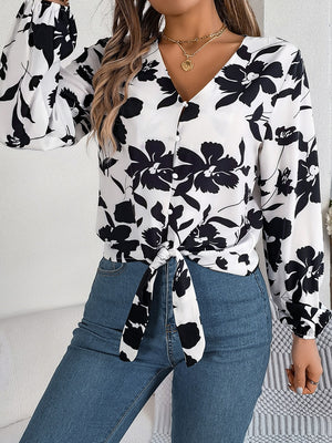 Printed V-Neck Long Sleeve Blouse-Teresa's Fashionista LLC