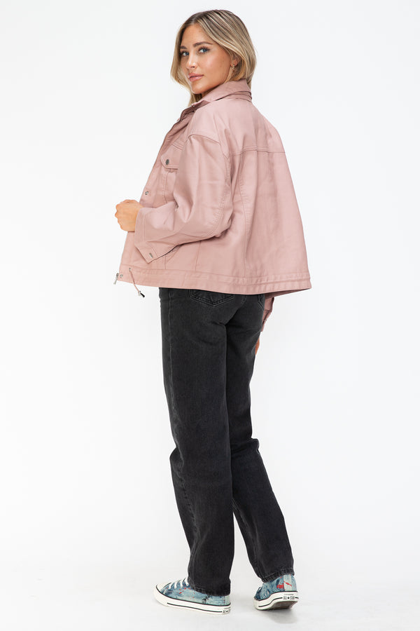 How Dare U Drawstring Hem PU Leather Zip Up Jacket - Teresa's Fashionista LLC