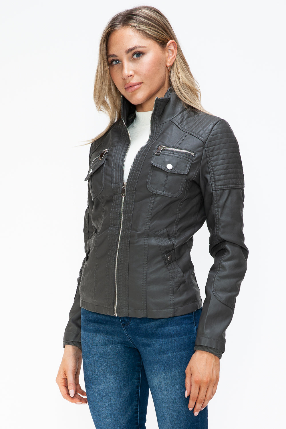 YMI Removable Faux Layered Multi-Pocket Jacket with Fuzzy Hood - Teresa's Fashionista LLC