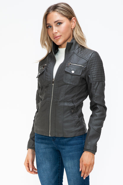 YMI Removable Faux Layered Multi-Pocket Jacket with Fuzzy Hood - Teresa's Fashionista LLC